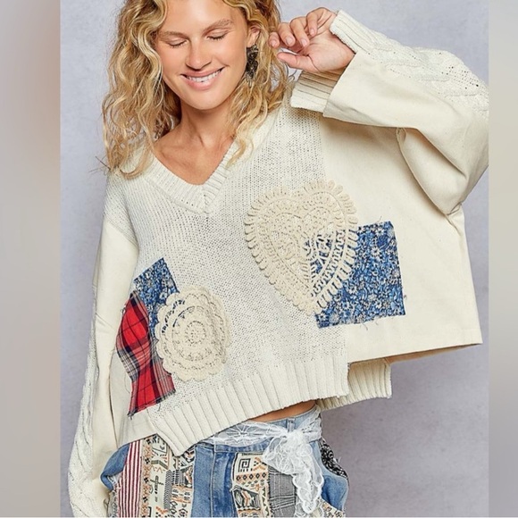 POL Sweaters - Clearance Sale : “The Eileen”Patchwork Heart Sweater - Cream